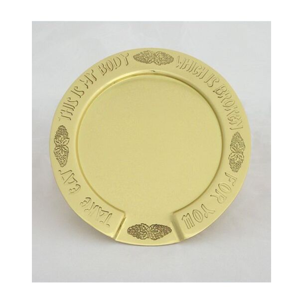 Round lacquered brass tray with indented and engraved rim