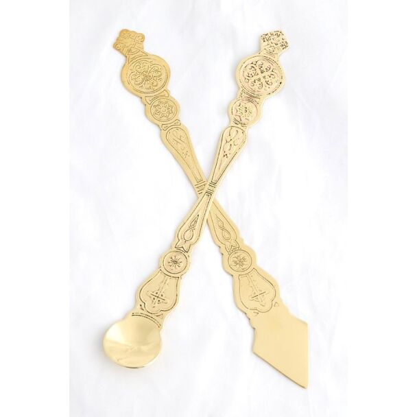 Lacquered brass engraved Communion spoon and spear set