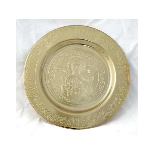 Lacquered brass tray engraved with Platytera Icon