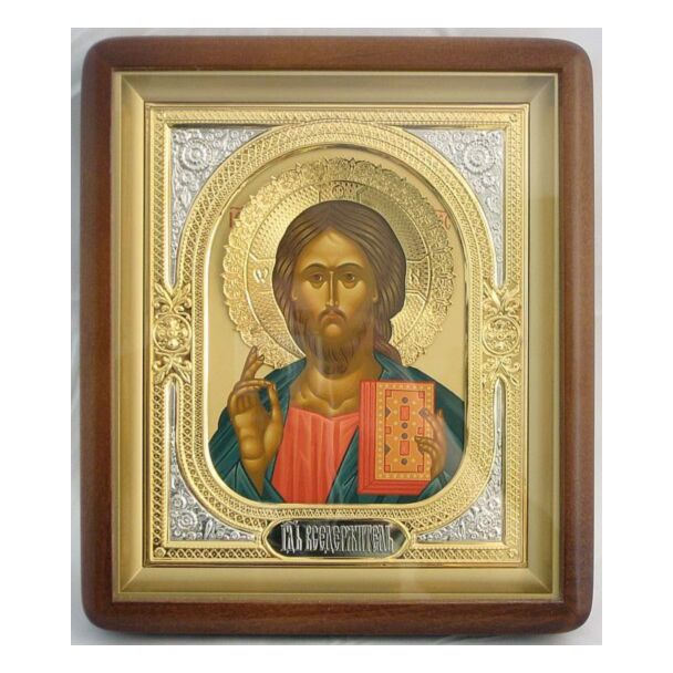 “The Lord Pantocrator” Icon with Embossed Gold and Silver Riza Mounted in a Hardwood Frame with Glass