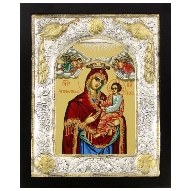 Icon of the Mother of God with Sterling Silver Riza Border with Gold Accents