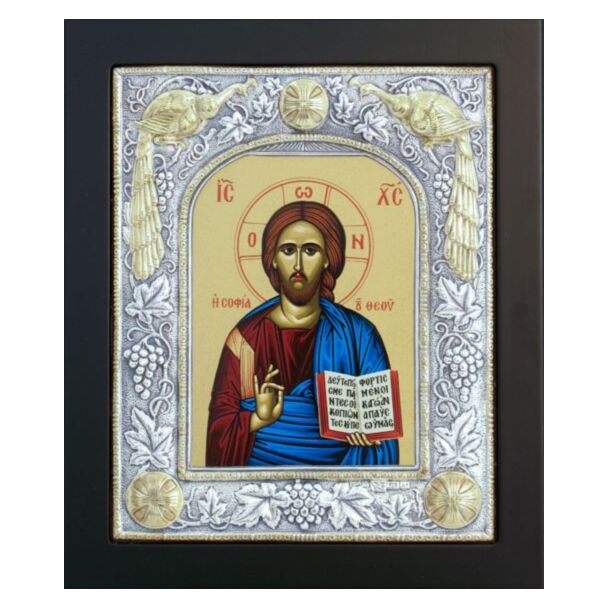 Icon of the Lord Jesus Christ, “The Wisdom of God,” with Sterling Silver “Peacocks” Riza with Gold Accents