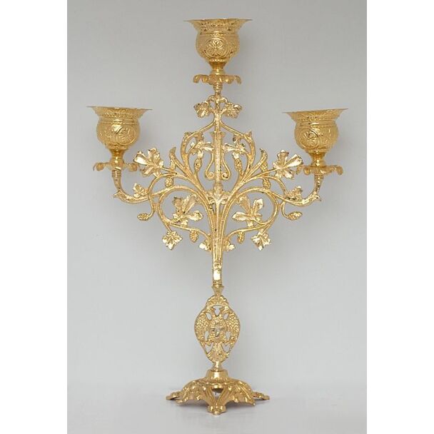 Gold-plated three-branched candelabrum with votive glass sockets