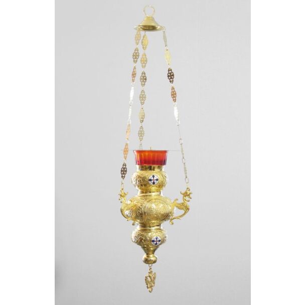 Gold-plated vigil lamp with enamel medallions