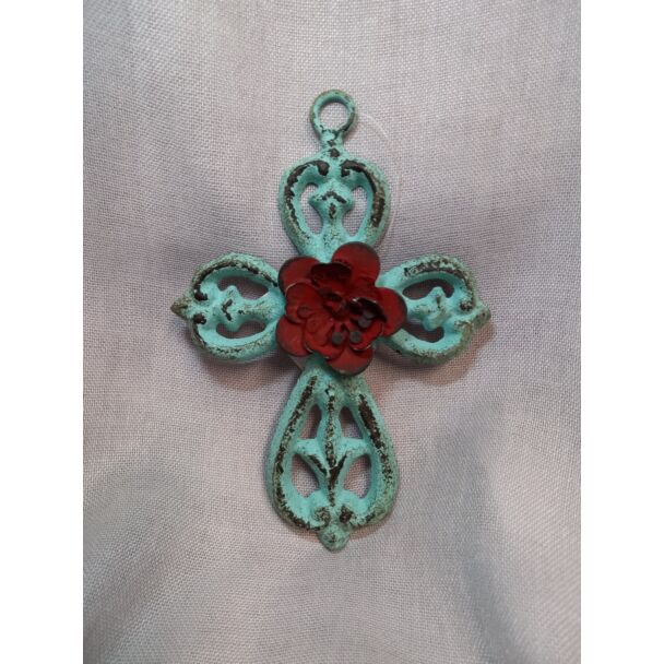 Turquoise & Red Flower Metal Wall Cross