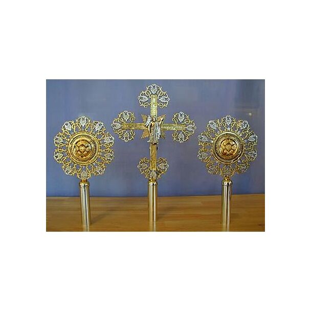 Small Gold- and Silver-Plated Processional Cross and Fans