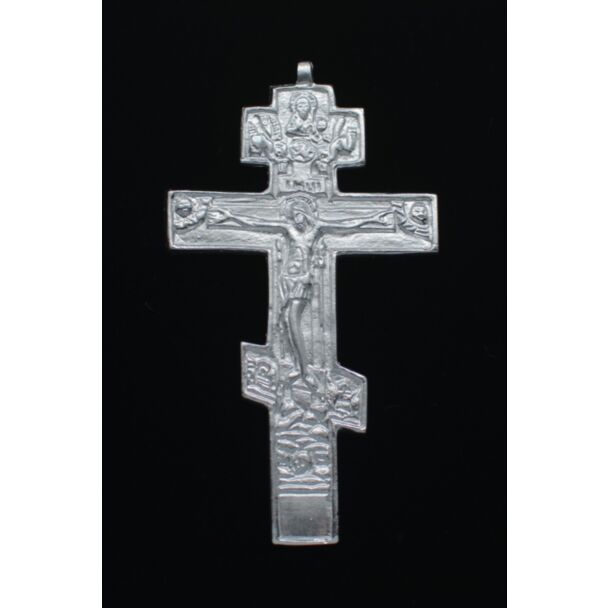 Silver-plated bronze three-barred Russian pectoral Cross with chain