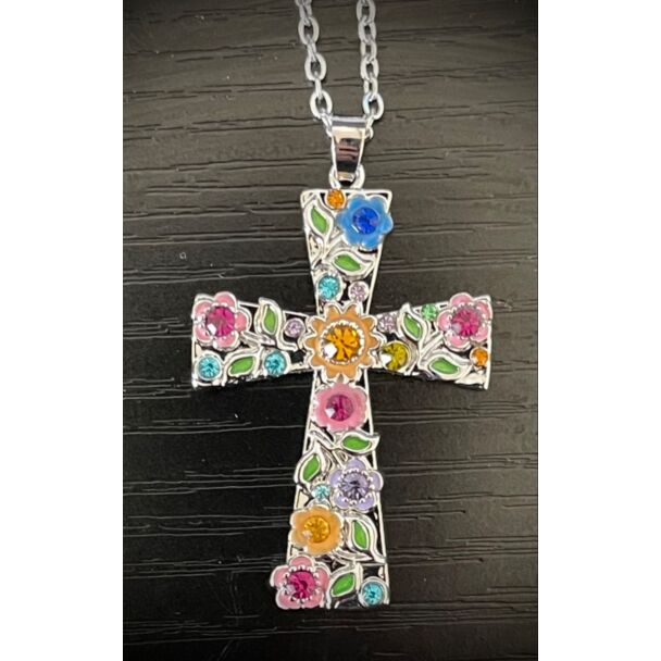 Flower Rhinestone Cross Necklace (multi-colored)