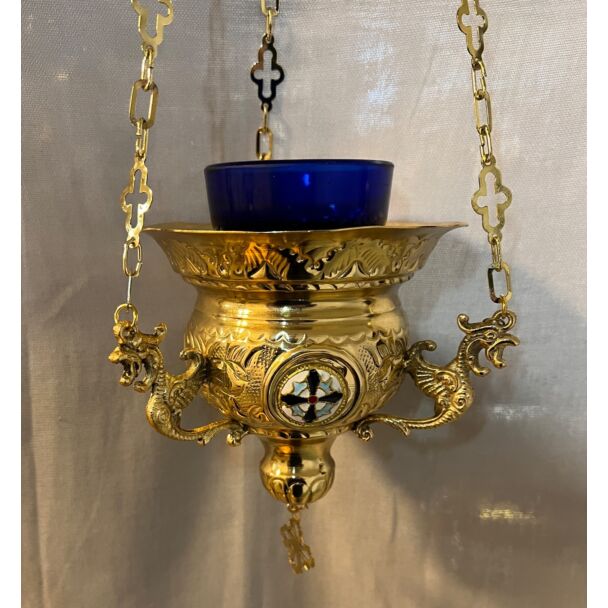 Large Gold Plated Vigil Lamp w/Enameled Medalions