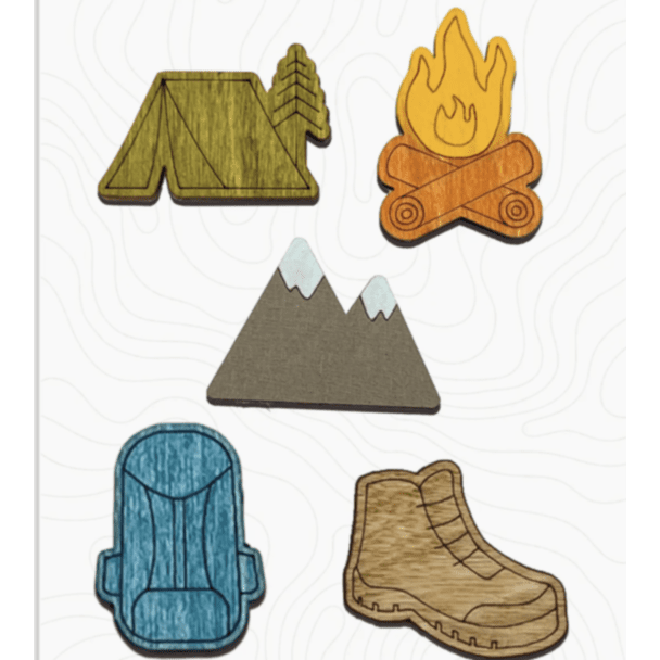 5 Pack, Wood Magnets - Hiking/Outdoors